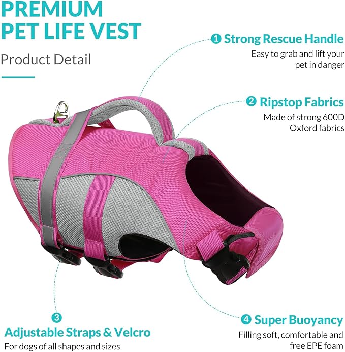 Queenmore Dog Life Vest for Swimming, Adjustable High Visibility Dogs Life Jacket, Dog Lifesaver with Superior Buoyancy and Rescue Handle, Pet Swimming Safety Vest for XX-Large Dogs（Pink,XXL）