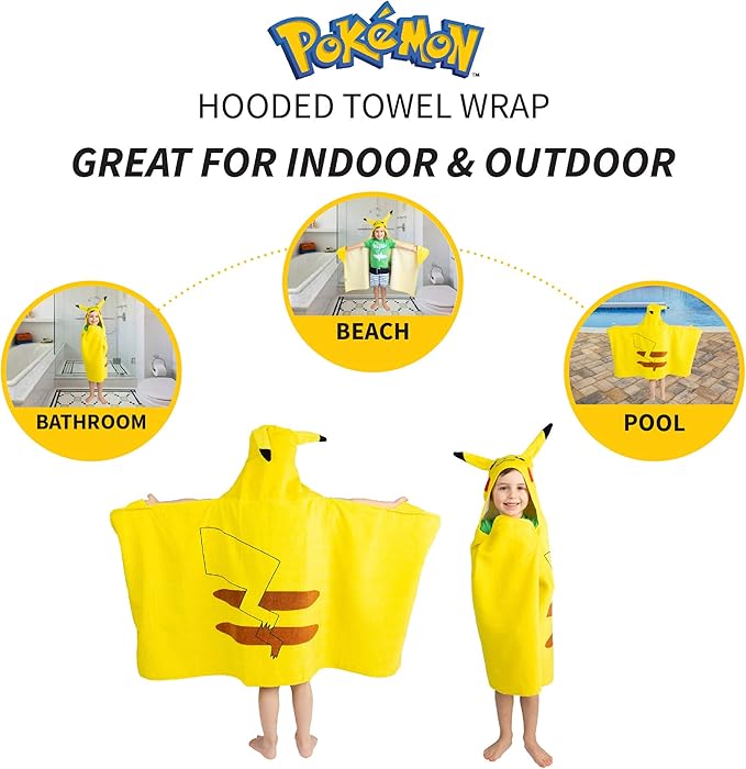 Franco Pokemon Pikachu Bath and Beach Soft Cotton Terry Hooded Towel Wrap,24" x 50" Kids,(Pack of 2)