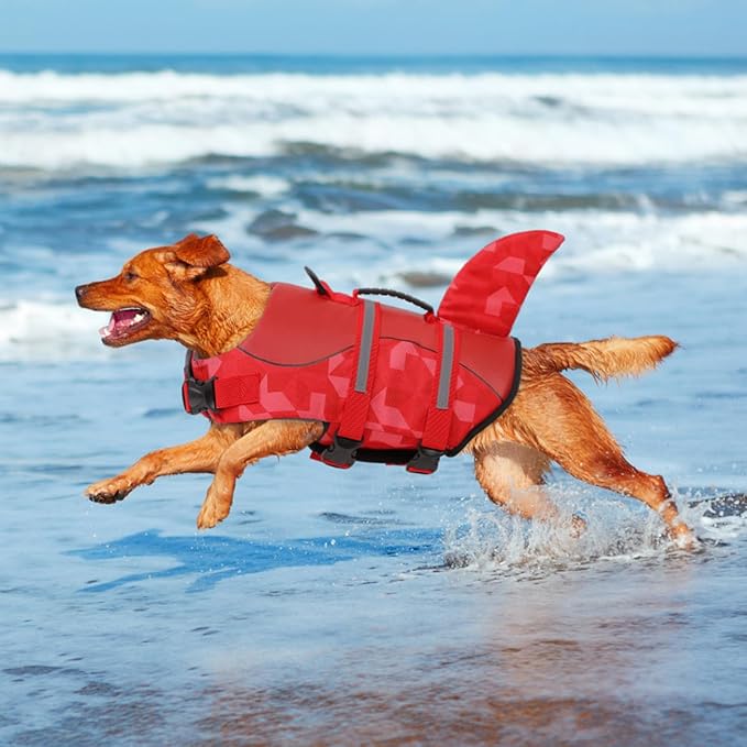 Queenmore Shark Dog Life Jacket, LifeVests for Boating, High Buoyant Dog Life Vest for Swimming, Adjustable Easy On Pet Jackets for Small, Medium, Large Dogs (Red Triangle,M)