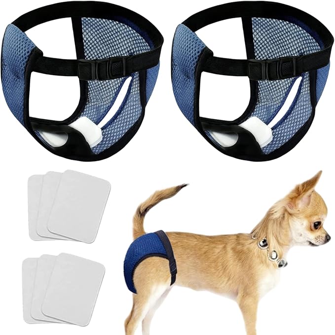 Every Pet Reusable Diapers with 3 Replace Diaper,Breathable Mesh Washable Dogs Sanitary Pads,Menstruation Diapers Panties Adjustable Sanitary Briefs For Small Medium and Large Dogs(2PCS Blue,Small)