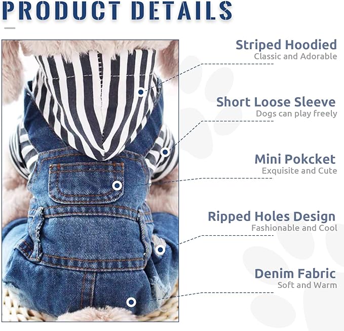 Small Dog Hoodie Clothes Cute Stripe Shirts Denim Jumpsuit One-Piece Outfit for Small Medium Dogs Cats Boy Girl Chihuahua Blue Jeans Overalls Puppy Costume (Blue,XXL)