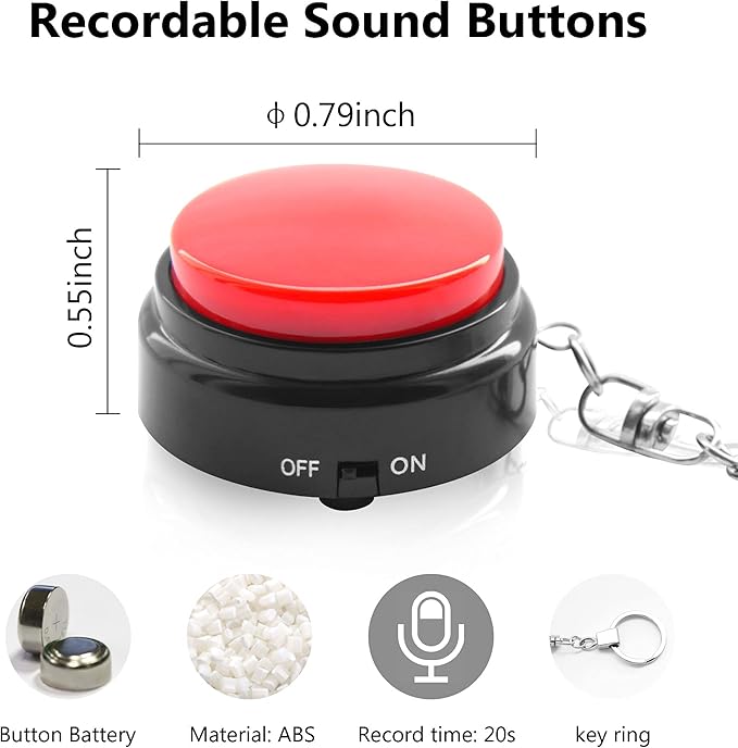 Recordable Talking Button with Keychain, 20s Voice Recording Time Sound Button Answer Buzzers Funny Buttons Record Your Own Words Pack of 2 - Red and Black (Battery Included)