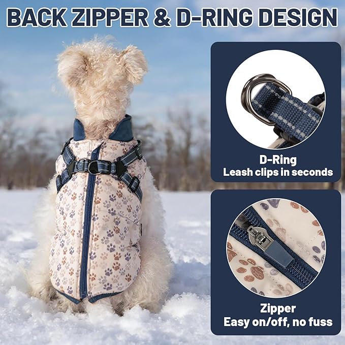 Dog Winter Coat for Small & Medium Dogs, Waterproof Dog Coat with Harness, Puppies Windproof Puppy Puffer Jacket, Snowsuit for Dachshund, Frenchie, Corgi (Paw Blue,L)