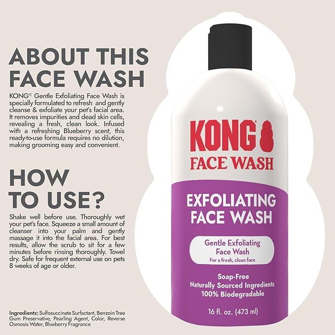 Kong Exfoliating Face Wash for Dogs – Gentle Cleanser, Removes Tear Stains & Odors, Blueberry Scent, 16 fl oz – Biodegradable, Hypoallergenic, Soap-Free, Cruelty-Free, for Sensitive Skin, Made in USA
