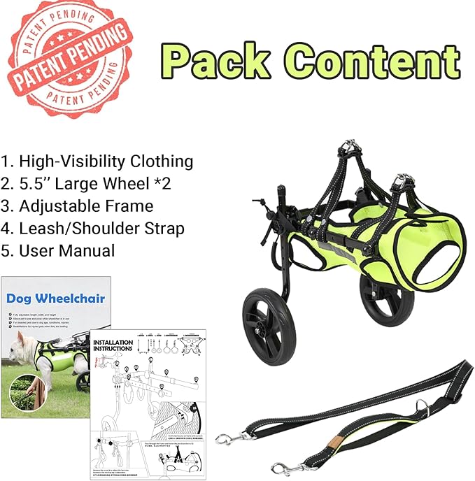 Adjustable Dog Wheelchair for Back Legs, for All Breed Dog - Includes High-Visibility Vest, Leash & Sling Lift, Lightweight Pet Wheelchair for Disabled Hind Legs (Small, for Small Dog)