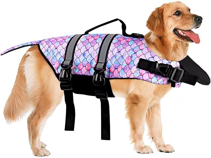 Dog Life Jacket Ripstop Pet Safety Floatation Vest Adjustable Dog Life Preserver Reflective Durable Rescue Handle Pet Lifesaver for Small Medium Large Dogs Swimming Beach Boating（Mermaid, L）