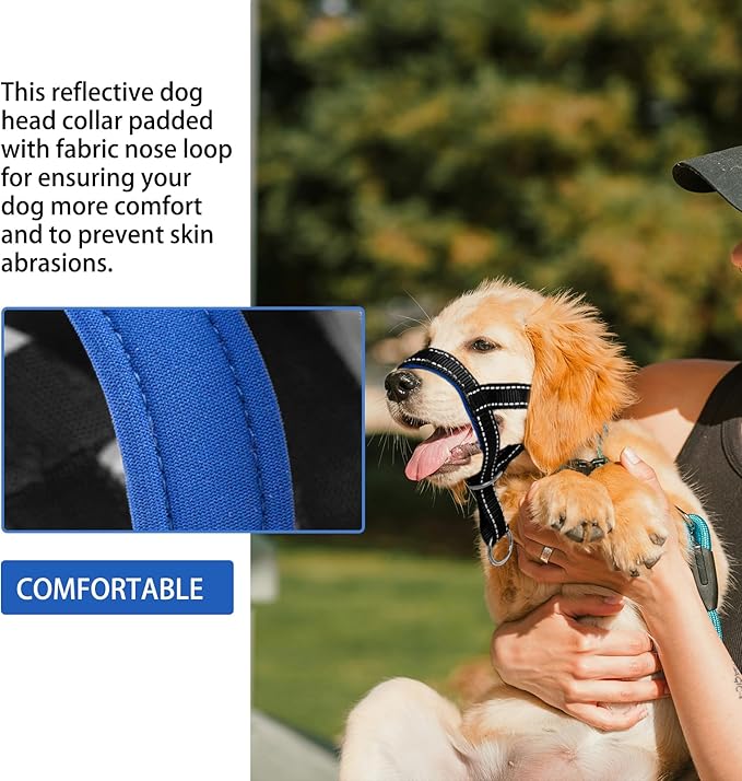Dog Head Collar, Reflective Soft Fabric Head Collar with Adjustable Loop for Dogs to Prevent Pulling(S, Blue)