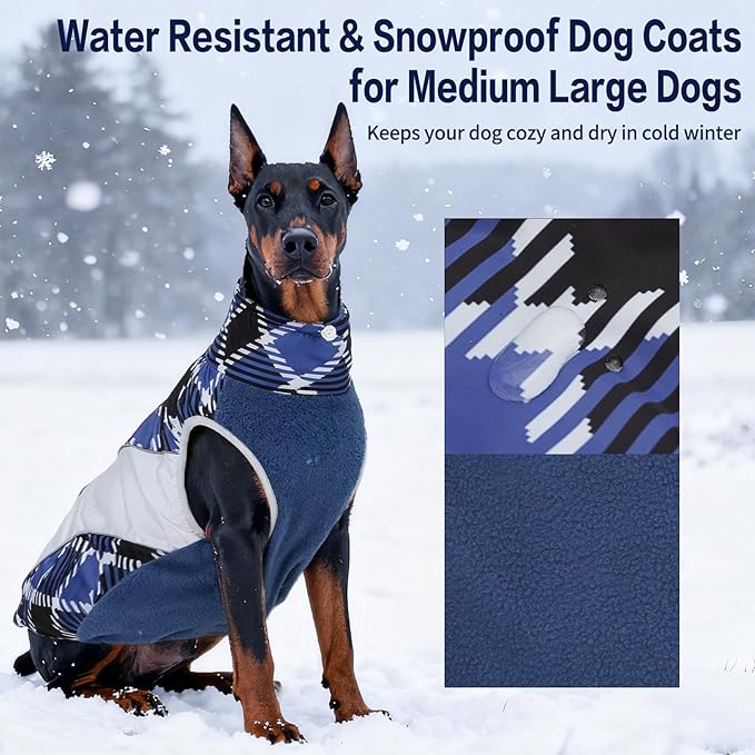 Dog Coats for Large Dogs with Harness Built in, Waterproof Dog Jacket Warm Pet Winter Coat Snowsuit for Cold Weather, Reflective Fleece Windproof Jacket, Blue, U-LDMF04XL