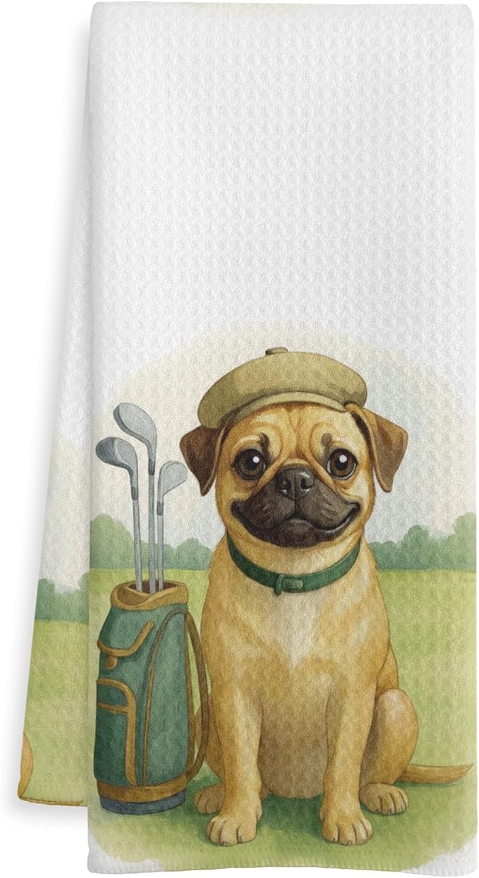 Funny Golf Pug Gifts Kitchen Towels, Dog Gifts for Women Men, Gifts for Pug Lovers Dish Tea Towels, Golf Lovers Gift Decorative Hand Towel for Bathroom, 16x24 Inch