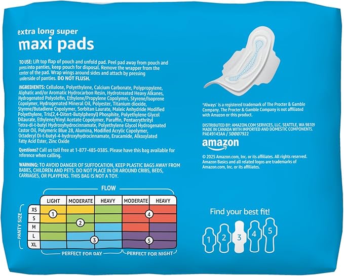 Amazon Basics Thick Maxi Pads with Flexi-Wings for Periods, Extra Long Length, Super Absorbency, Unscented, Size 3, 104 Count (4 Packs of 26)