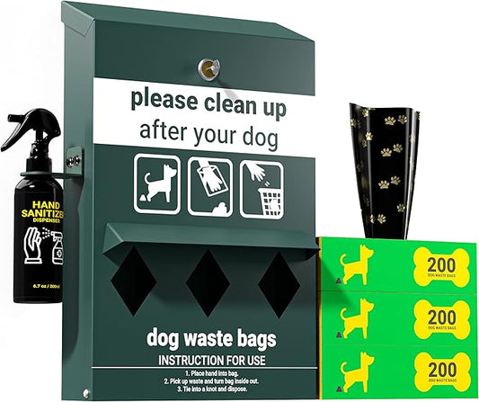 Flash Furniture Kessler Locking Dog Waste Bag Dispenser with Glow in the Dark Sign, Hand Sanitizer Bottle and Rain Guard - 600 Roll Bags Included