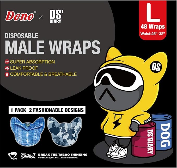 Dono Dog Diapers Male Disposable Male Dog Wraps, Wider Doggie Puppy Diapers, Male Belly Bands, Super Absorbent, Leak-Proof Fit, Excitable Urination, Incontinence, Large 48ct