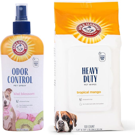 Arm & Hammer Dog Deodorizing Bundle - Super Deodorizing Spray (Kiwi Blossom, 8 oz) & Heavy Duty Bath Wipes (Mango Scent, 100 Count), Odor Eliminator & Grooming Wipes for Dogs & Puppies