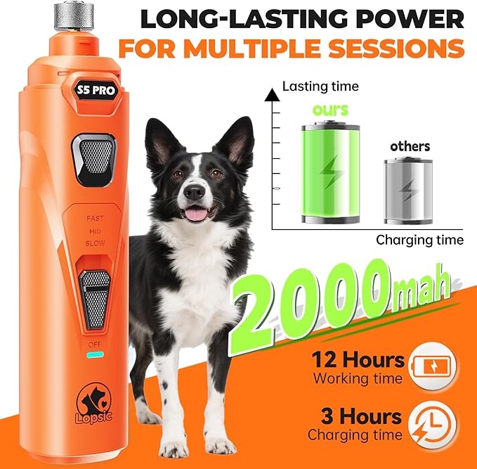 Whisper Quiet Dog Nail Grinder with LED Light, Safe & Stress-Free for Sensitive Dogs of All Breeds & Sizes, 3 Grinding Bits, 3-Speed, Pet Nail Trimmers, Rechargeable Painless Grooming Kit Orange