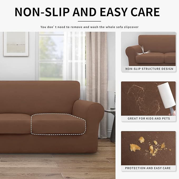Easy-Going 100% Dual Waterproof 2 Pieces Chair Cover Stretch Soft Couch Cover for Dogs, Sofa Slipcover for 1 Separate Cushion Couch Leakproof Furniture Protector for Kids, Pets Brown