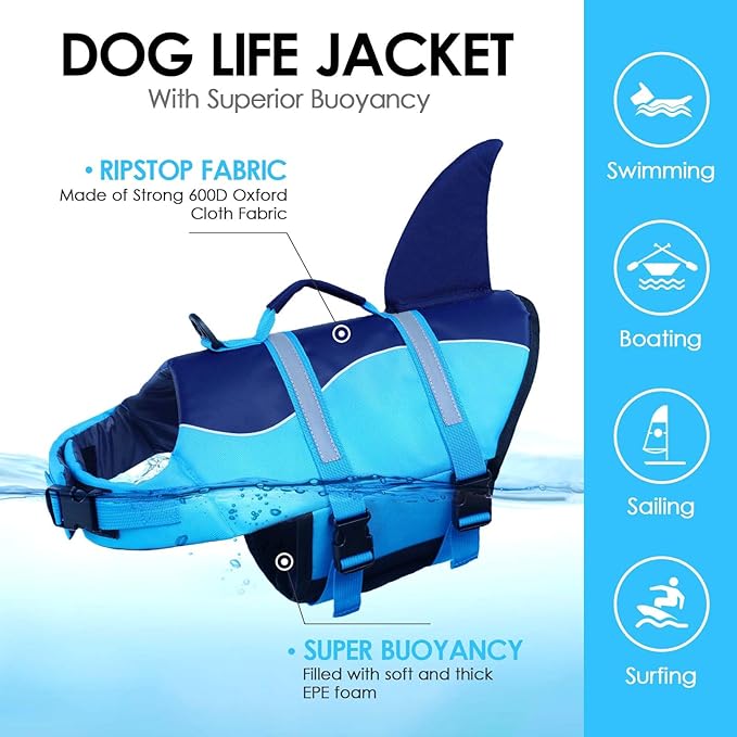 AOFITEE Dog Life Jacket, Shark Dog Life Vest for Swimming Boating, Reflective High Flotation Small Dogs Lifesaver, Ripstop Pet Swim Vest Swimsuit with Rescue Handle for Small Medium Large Dogs, S