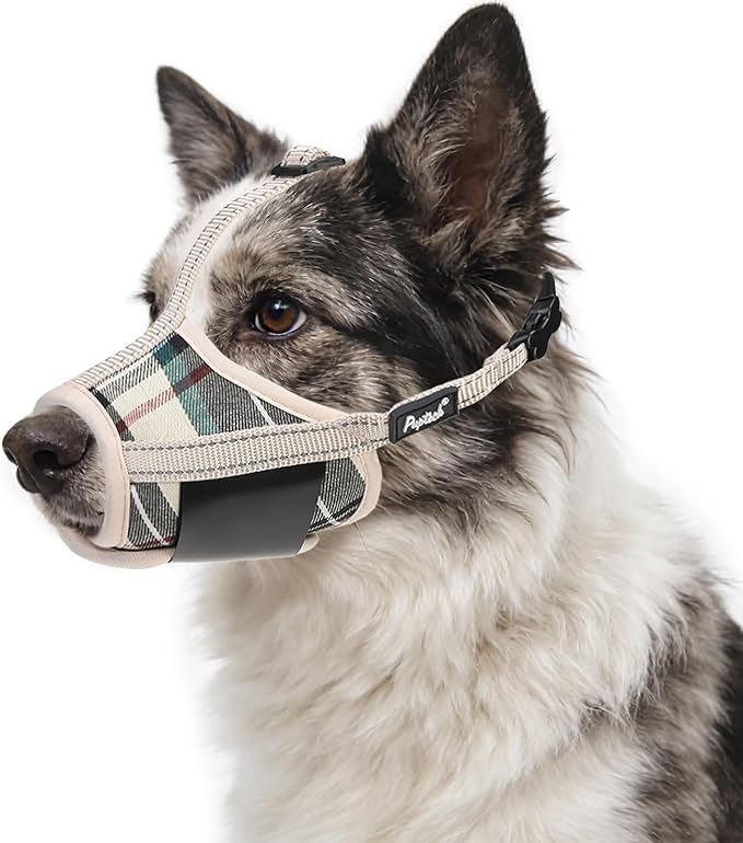 PUPTECK Dog Muzzle, Soft Adjustable Loop Reflective Pet Muzzle Prevent Biting Barking Chewing, Breathable Muzzle with Air Mesh Dog Mouth Guard Drinkable for Large Medium Small Sized, Beige Plaid L