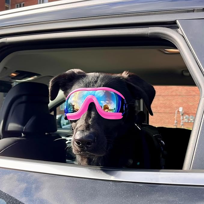 NAMSAN Dog Goggles Medium to Large Breed, Anti-UV Sunglasses for Dogs Large Breeds, Windproof Driving Dog Eye Protection, Doggy Glasses with Elastic Straps, Adjustable, Pink