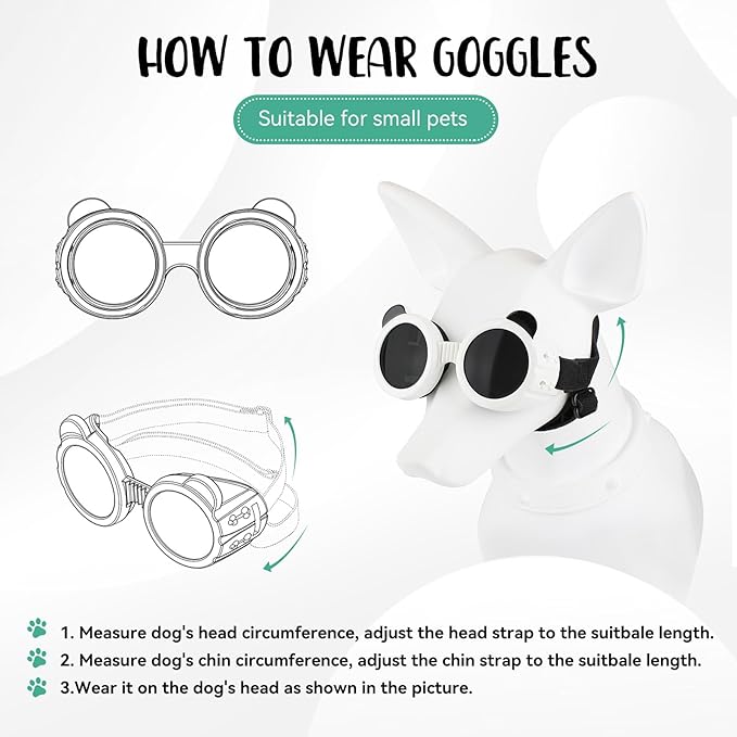 Enjoying Cat Goggles, Cat Sunglasses UV Protection, Pet Goggles for Cats XS to Small Dogs, Outdoor Kitty Puppy Eye Protection, Adjustable Straps, White