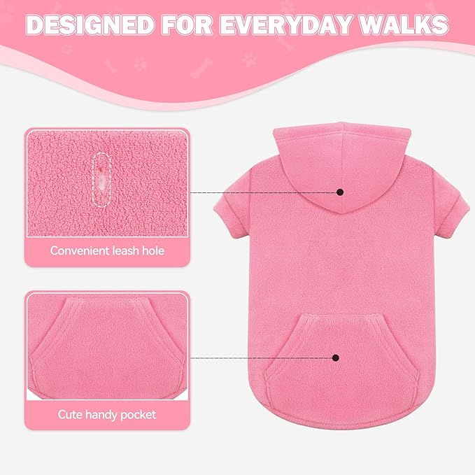 Extra Small Dog Sweater,Dog Hoodie,Warm Fleece Sweatshirt with Hood & Pocket,Leash Hole,Cozy Cold Weather Cat Pet Clothes Puppy Sweater for Small Dogs(Pink,XS)