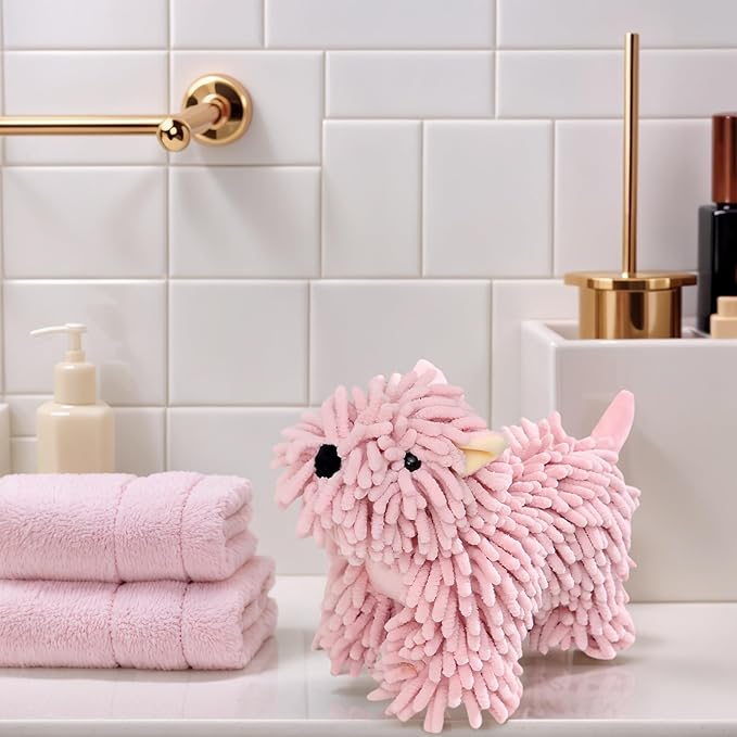 Cute Puppy Chenille Hand Towel, Puppy Shape Fuzzy Ball Hand Towel, Fluffy Soft Absorbent Chenille Towels, Absorbent Decorative Fuzzy Ball Hanging Towel for Bathroom, Washstand (Pink)