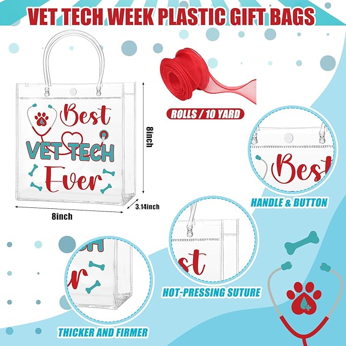 SilTriangle 24 Pcs Vet Tech Week Appreciation Bag with Handles Nurse Plastic Gift Bags Reusable Red Ribbon PVC Tote Bags Bulk for Vet Tech Coworkers Animal Lover