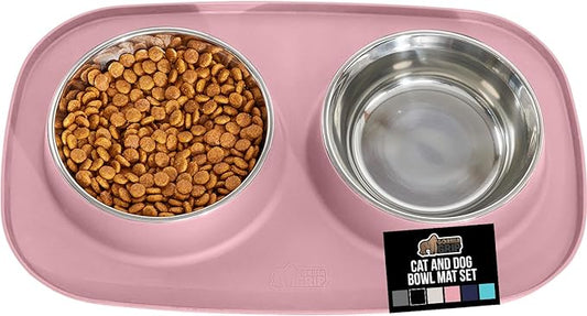 GORILLA GRIP Feeding Mat Bowl Set, 100% Waterproof BPA Free Silicone Base, 304 Stainless Steel Cat and Dog Bowls for Food and Water, Slip Resistant, High Edge, US Designed, Patent Pending, 1 Cup Pink