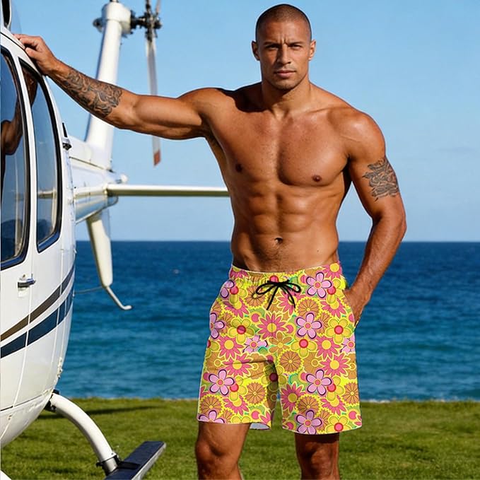 Mens Swim Trunks with Compression Liner Quick Dry Zipper Pocket Bathing