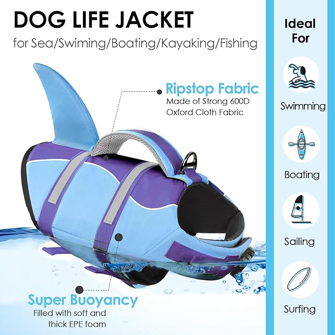 AOFITEE Dog Life Jacket, Dog Life Vest for Swimming, Shark Dogs Swimming Vest with Rescue Handle and Reflective Stripe, Ripstop Pet Float Coat Swimsuit Lifesaver Small Medium Large Dogs Purple XL