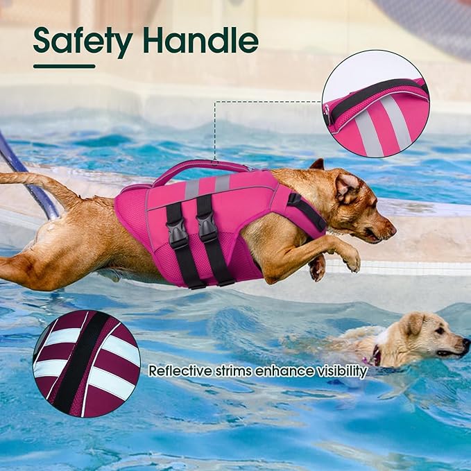 Kuoser Small Dog Life Jacket, High Flotation Dog Water Vest for Swimming Boating, Reflective Doggie Swimming Vest Pet Life Preserver with Rescue Handle, Rose XS