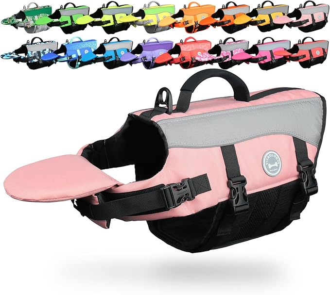 VIVAGLORY Dog Life Jacket with Removable Front Float, Life Vest with Reflective Trims & Extra Padding for Swimming & Boating, Sakura Pink, M