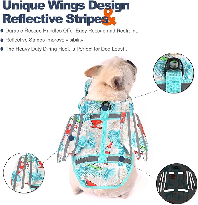 Dog Life Jacket, Wings Pet Life Vest for Swimming Boating Reflective Dog Flotation Swim Vest with Handle and Chin Float for Small Medium Large Size Dogs - Leaves Blue, XL