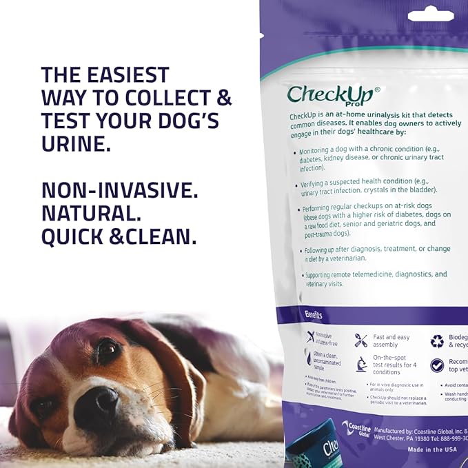 CheckUp Pro at Home Wellness Test for Dogs | Telescopic Pole, Reusable Cup, 2 Strips | Detection of 10 Indicators | pH, Protein, Urobilinogen, Glucose, Bilirubin, Ketone, S-Gravity, Blood in Urine