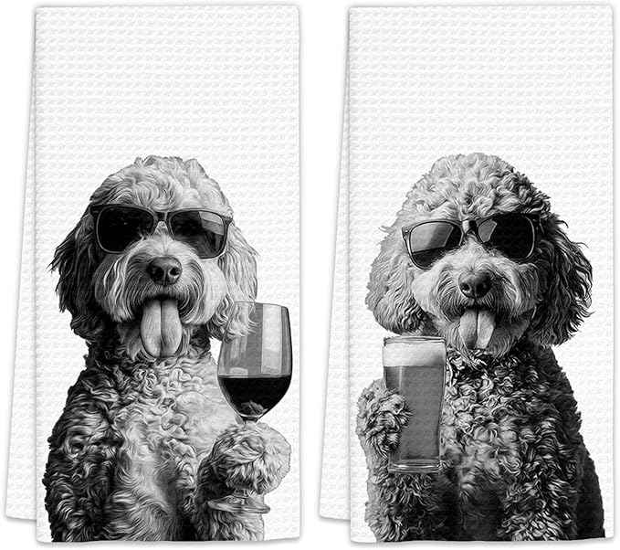 Goldendoodle Gifts Wine Kitchen Towels Set of 2, Funny Goldendoodle Wine Lover Decorative Hand Dish Towel for Kitchen Home Bar, Gifts for Golden Doodle Dog Beer Lovers Home Bar Decor(16x24Inch)
