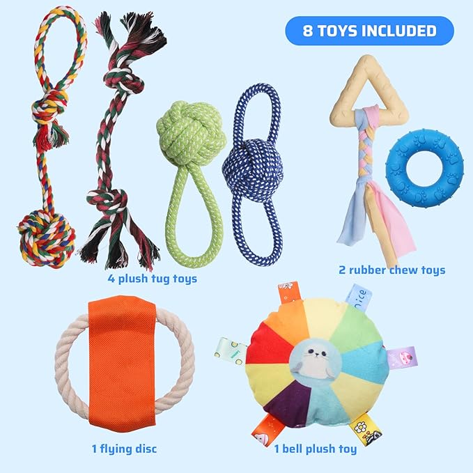 Puppy Play Gym with 8 Hanging Interactive Toys, Indoor Jungle Gym for Small Dogs & Puppies 0-6 Months, Adjustable PVC Frame, Teething Chew Toys for Mental Stimulation & Boredom Relief