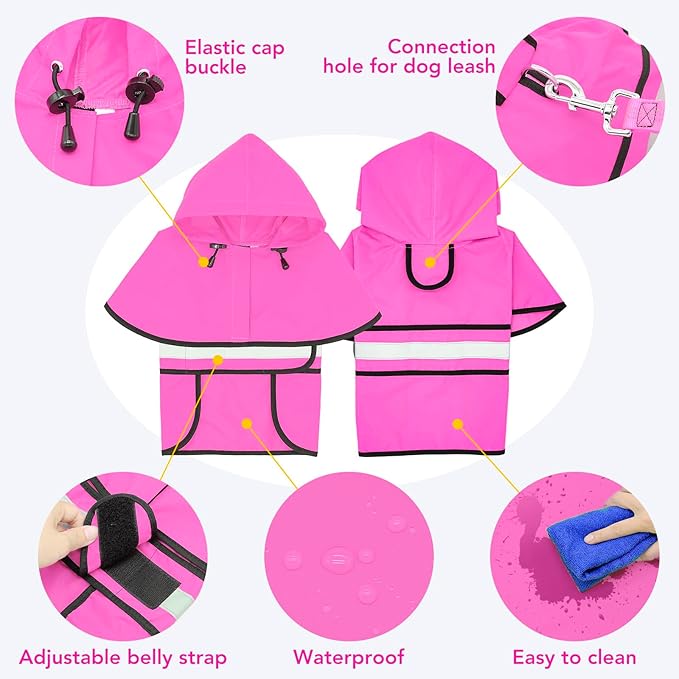 Waterproof Dog Raincoats - Hooded Raincoats for Dogs, Adjustable Reflective Dog Rain Coat, Windproof Dog Rain Jacket Pet Rain Slicker Poncho for Small, Medium, Large Dogs (X-Large, Pink)
