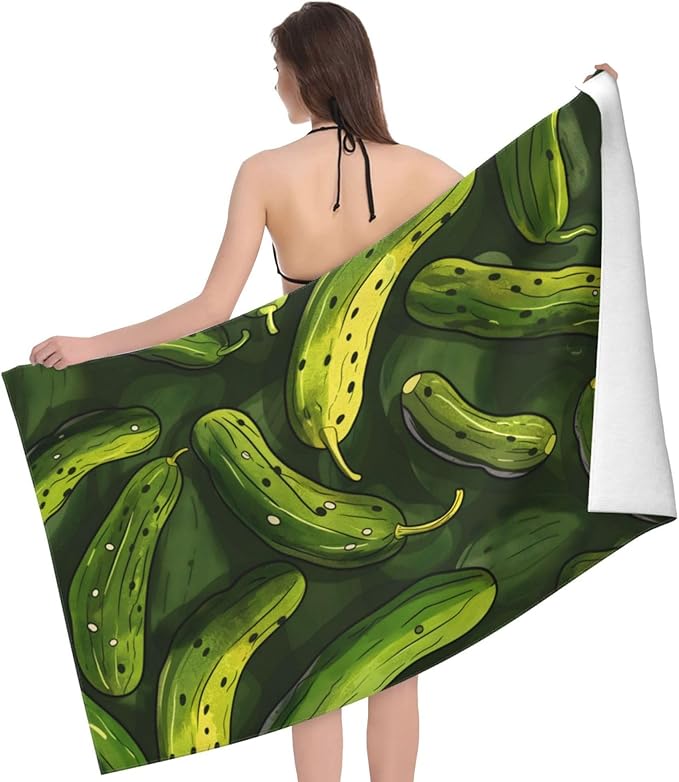 Pickle Beach Towel 31inx51in, Green Sand-Free Microfiber Bath Towel Ultra Soft Quick Dry Pool Towel Absorbent Towel Lightweight Towel for Swimming Bathroom Decor