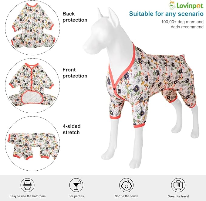 LovinPet Large Dog Neuter Bodysuit, Pet Anxiety Relief Shirt, Anti Licking Dog Onesie, Lightweight Fabric, Snapdragon Print, Pjs for Large Dogs, Dog Clothes for Pitbull,Medium