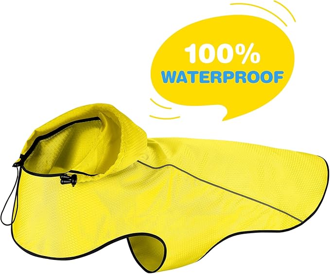 BiPawTi Dog Rain Jackets for Large Dogs, Waterproof Raincoat for Dog, Lightweight Reflective Safety Pet Rain Coats with Hood/Leash Hole/Reflective Strip - Yellow, L