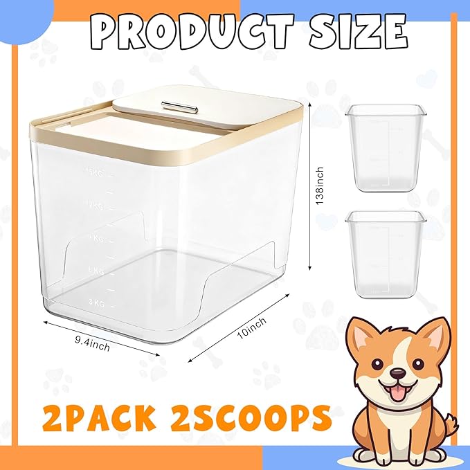 2 Pack 30 Lbs Airtight Dog Food Storage Container with 2 Scoops, Clear Cat Food Container Storage Bin with Measuring for Dog Cat Bird Other Pet