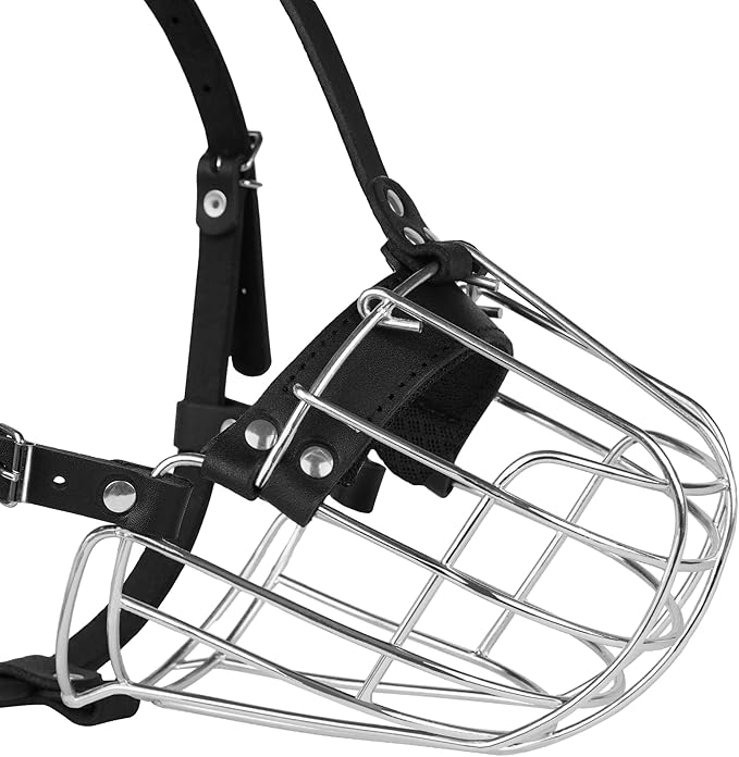 Pitbull Dog Muzzle Metal Mask Amstaff Secure Wire Basket Adjustable Durable Leather Straps for Large Dogs (Steel)