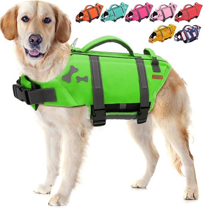 EMUST Life Jackets for Dogs, Adjustable Small/Medium/Large Dog Swim Vest for Water Safety Pet Life Vest with Rescue Handle Safety Vest for Swimming Pool Beach Boating, XL, NewGreen