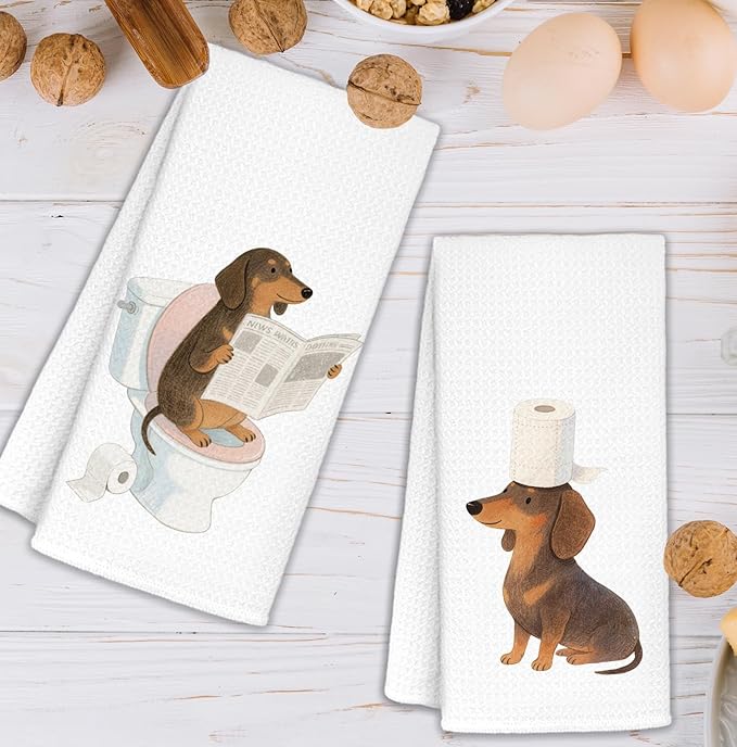 Cute Dachshund Kids Bathroom Hand Towels Set of 2, Dachshund Lovers Gifts, Kids Bathroom Decor, Weiner Dog Gifts Hand Towels for Bath Room Washroom Toilet, 16x24 Inch