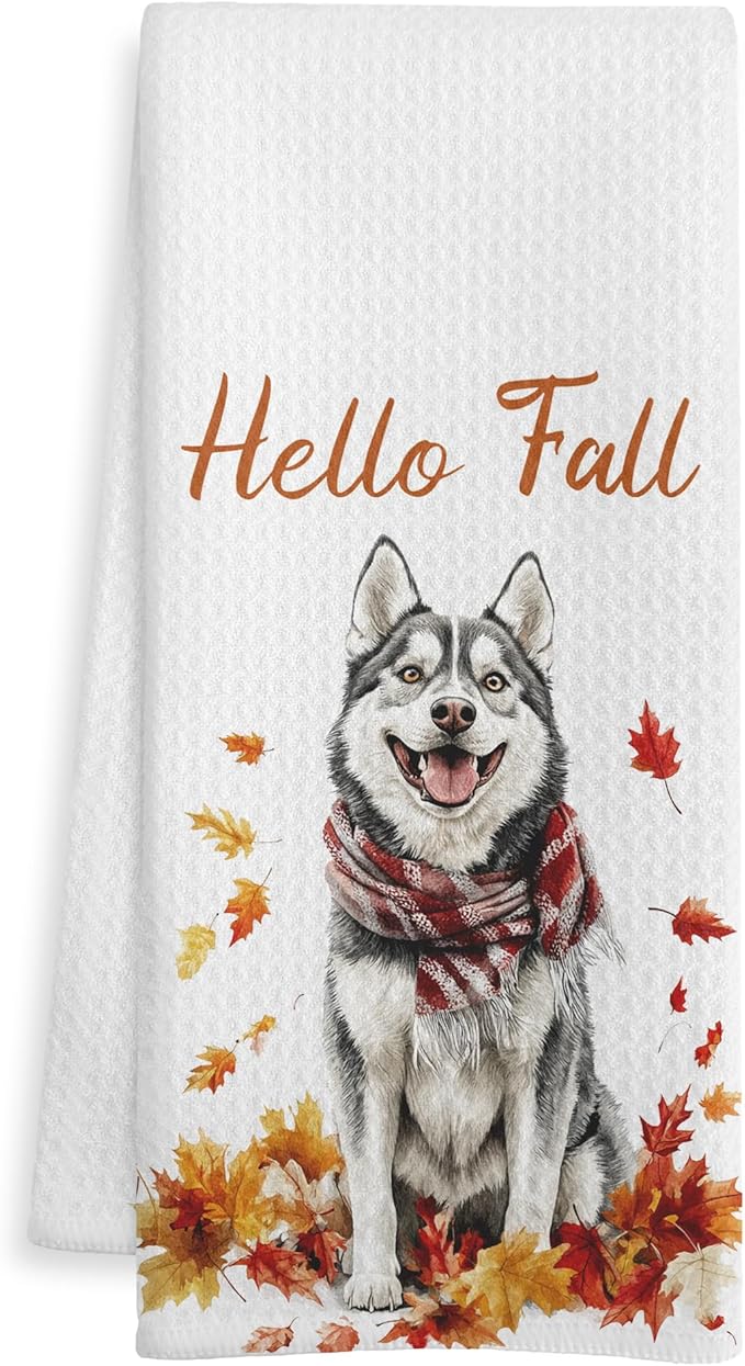 Fall Husky Kitchen Towels, Husky Lover Gifts Dish Tea Towel for Kitchen Decor, Farmhouse Fall Autumn Maple Leaf Dog Hand Towels for Bathroom Decor,16X24 Inch