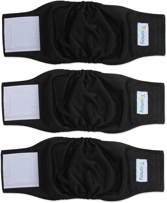 Teamoy 3 Pack Male Dog Diaper Wrap, Washable Puppy Belly Bands, Super-Absorbent and Comfortable(XS,7"-9" Waist, Black)