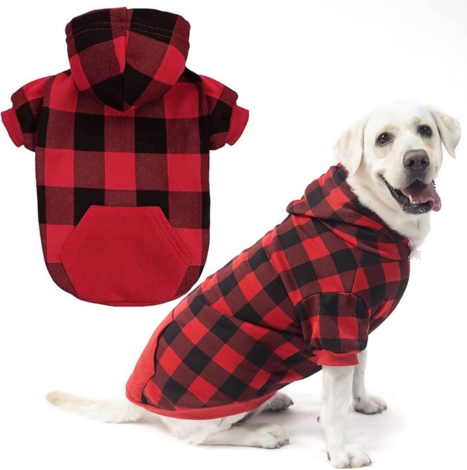 EXPAWLORER Plaid Dog Hoodie - British Style Warm Dog Sweater Shirt with Leash Hole,Pitbull Clothes Outfits,Winter Coat Apparel for All Breeds Puppy Girl Boy-Cat Apparel,Buffalo Check X-Large