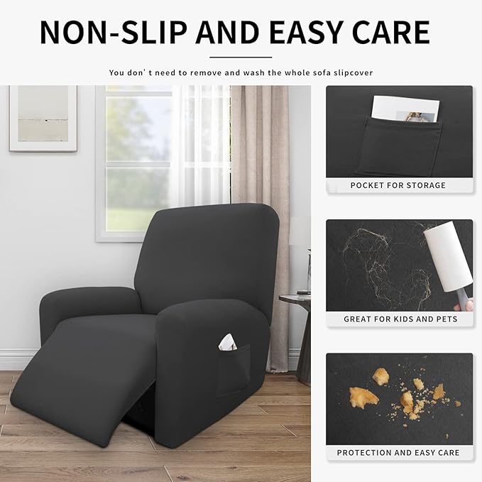 Easy-Going 4 Pieces 100% Dual Waterproof Recliner Cover Stretch Soft Couch Cover for Dogs, Sofa Slipcover for Recliner Couch Leakproof Furniture Protector for Kids, Pets Dark Gray