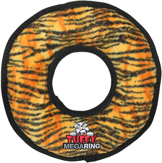 TUFFY - World's Tuffest Soft Dog Toy - MEGA - Ring -Tiger- Multiple Layers. Made Durable, Strong & Tough. Interactive Play (Tug, Toss & Fetch). Machine Washable & Floats