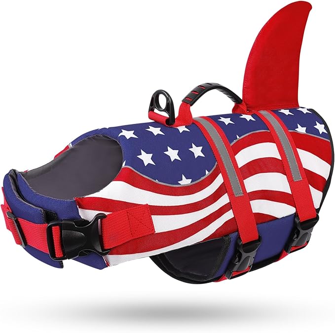Queenmore Shark Dog Life Vest for Swimming, Pet Life Vests for Boating, High Buoyant DogLife Jacket, Ripstop High Flotation Swimsui for Small, Medium, Large Dogs (USA Flag,M)