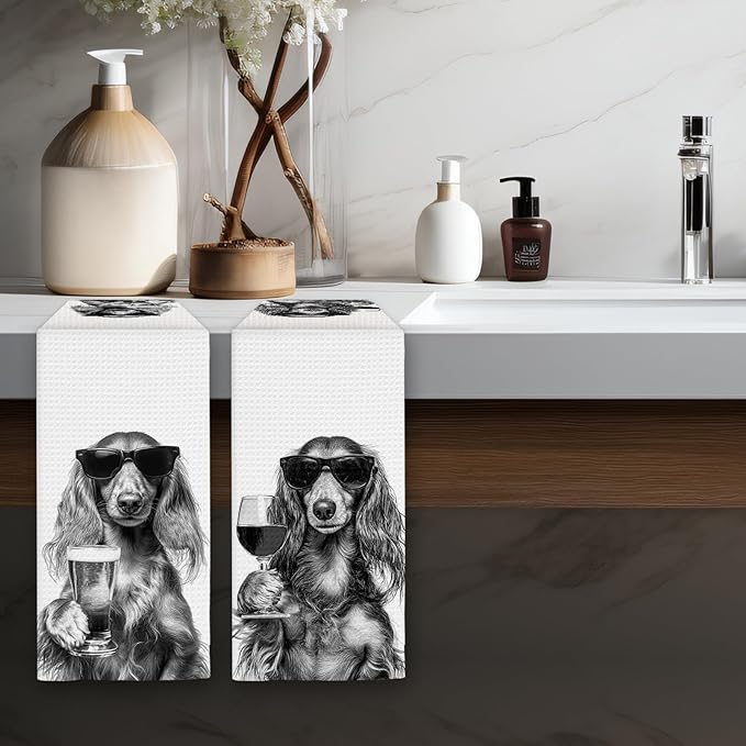 Long Haired Dachshund Gifts Wine Kitchen Towels Set of 2, Funny Dachshund Wine Lover Decorative Hand Dish Towel for Kitchen Home Bar, Gifts for Dog Beer Lovers Home Bar Decor(16x24Inch)